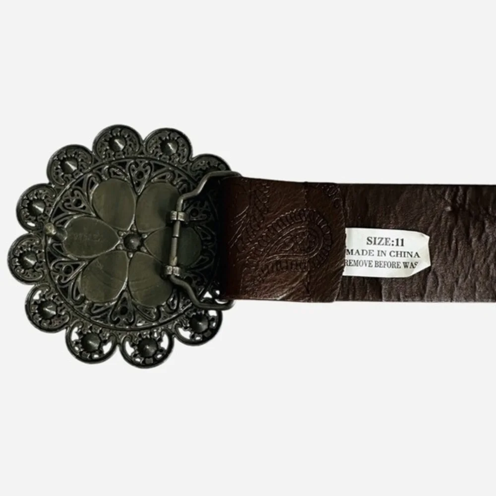 Women Brown Embossed Leatherette Belt Flower Rhinestone Metal Buckle 36
